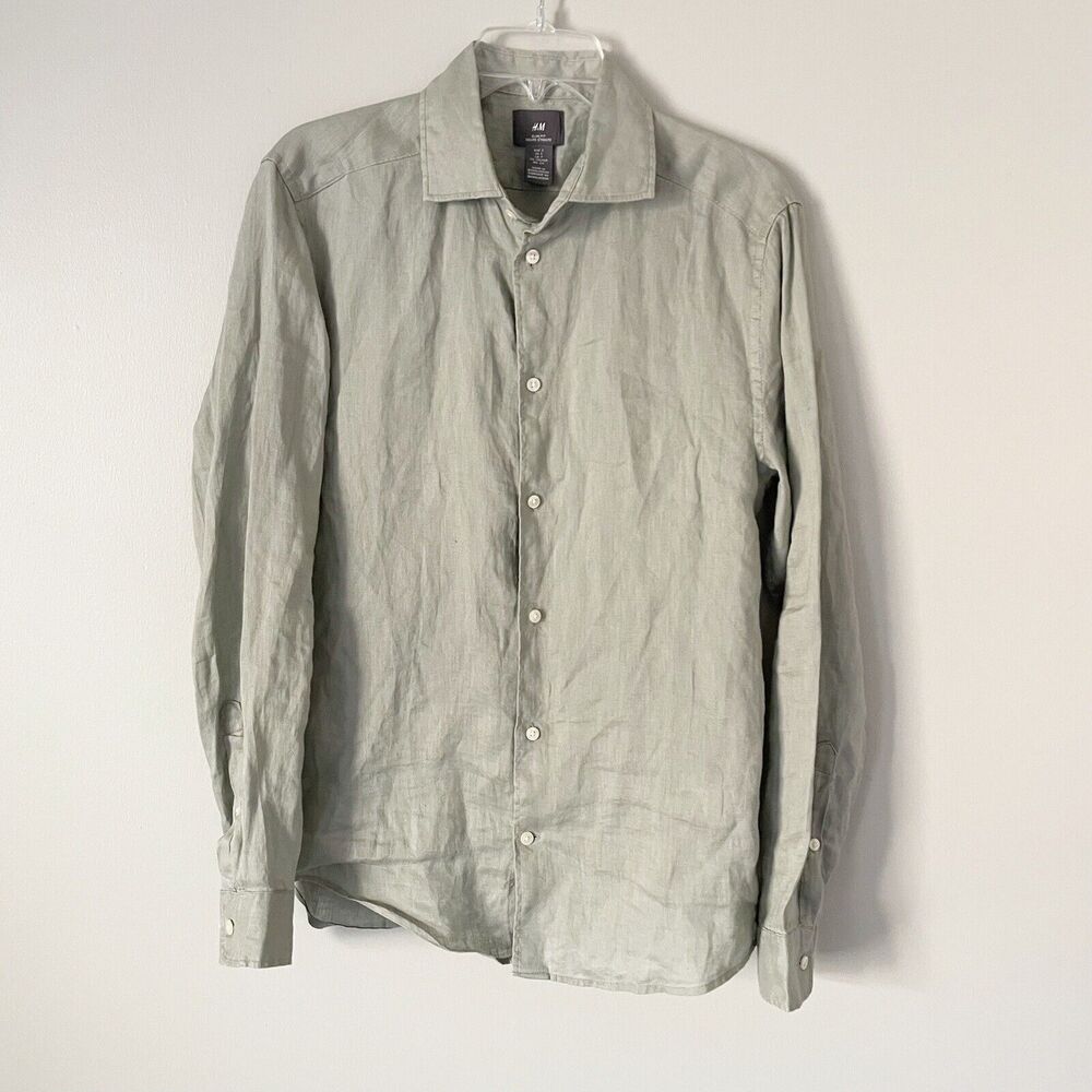H&M Men's Size S Gray Casual Button Up 100% Linen Shirt Long Sleeve